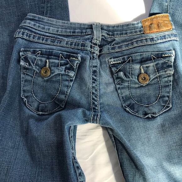 True Religion VTG Joey Big T twisted flare denim jeans womens 28 white stitching - Picture 11 of 14